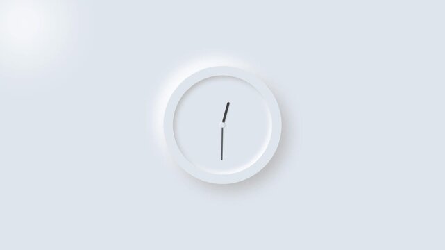 Neumorphic wall clock with moving hands on light gray background