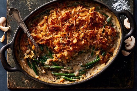 green bean casserole topped with fried shallots