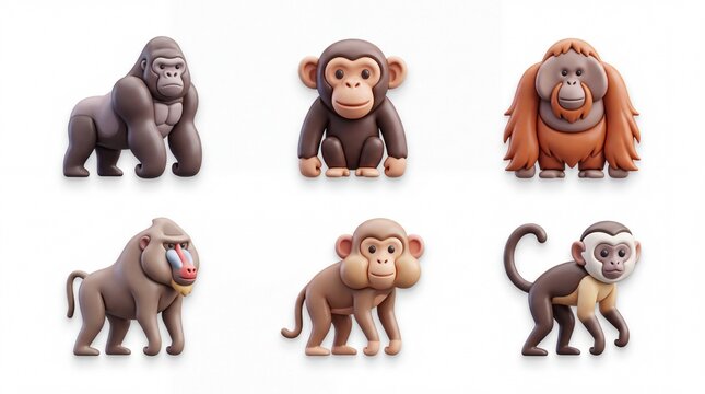 Collection of Cute Cartoon Monkey Figures Featuring Different Species and Poses on White Background