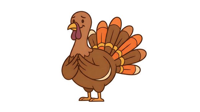 Cute turkey vector illustration showing gratitude pose with folded hands and colorful feathers