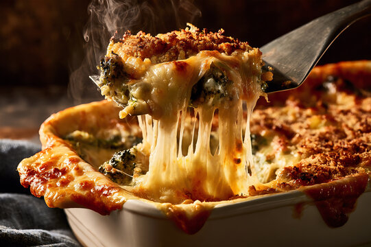a serving spatula lifting a cheesy portion from a bubbling casserole dish