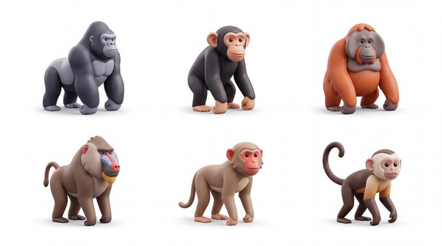 Set of Six Cartoon Monkey Figures in Gray Brown and Orange Colors on White Background