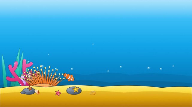 Cartoon coral reef with clownfish nemo and starfish. 4K Video