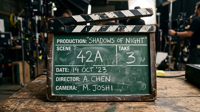 Film Clapperboard on a Wooden Table