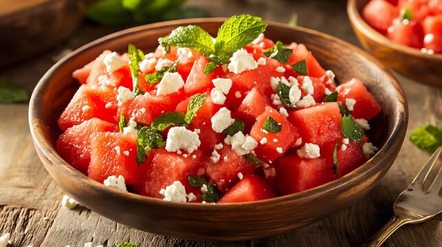 Watermelon salad with fresh feta cheese and mint leaves served in a rustic wooden bowl on a textured table