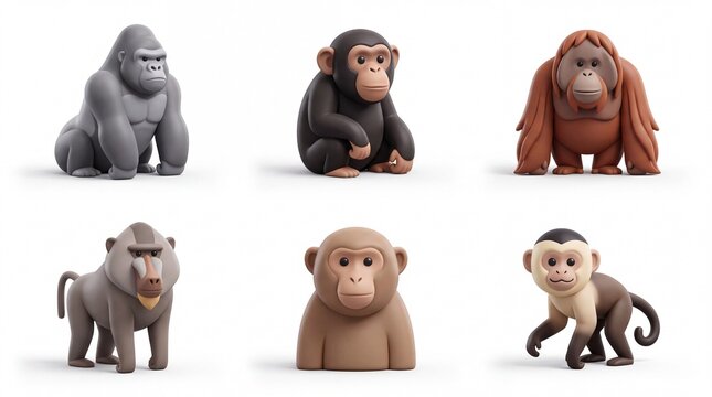 Set of Six Cartoon Monkeys in Various Styles and Colors on White Background