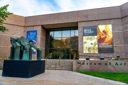 Brigham Young University Museum of Art facade glows at sunset