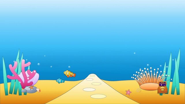 Cartoon coral reef with clownfish nemo swimming. 4K Video