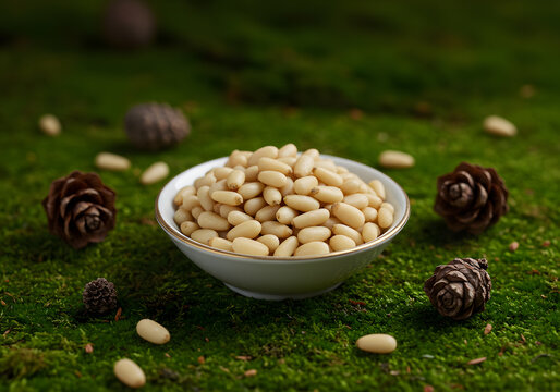Pine nuts in bowl on moss