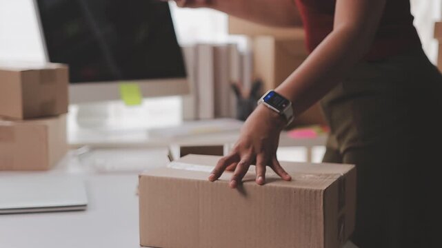 Startup SME small business entrepreneur of freelance Asian woman wearing apron using laptop and box to receive and review orders online to prepare to pack sell to customers, online sme business ideas.