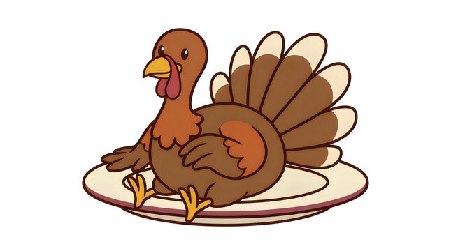 Cartoon turkey on a dinner plate illustration, funny Thanksgiving holiday vector graphic element
