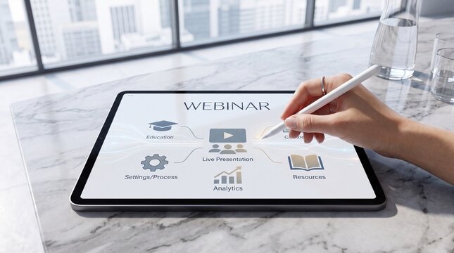 A professional hand using a digital stylus on a modern tablet displaying a webinar dashboard with education, analytics, and live presentation icons on a marble desk in a bright office.