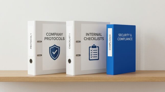 Three binders with Binders labeled sections company protocols