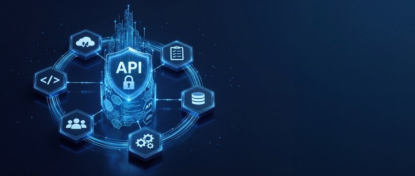 Futuristic Application Programming Interface API Security and Software Development Concept with Glowing Icons Representing Cloud, Database, Coding, and Secure Data Integration on Dark Background