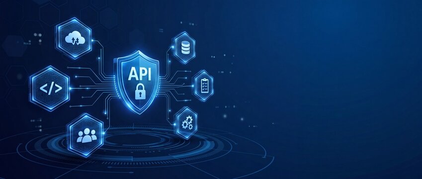 Application Programming Interface API Security Concept with Digital Shield and Data Icons on Blue Technology Background for Software Development and Network Integration Solutions