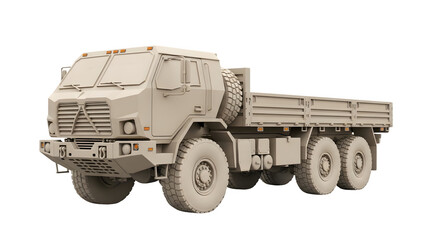 Fototapeta premium Side view of a heavy-duty military tactical transport truck with a flatbed trailer isolated on a clean transparent background