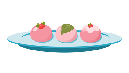 Fototapeta premium Japanese Sakura Peach and Strawberry Mochi Served on Long Blue Ceramic Plate Icon Flat Illustration