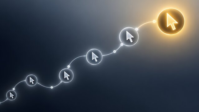 Digital marketing growth concept featuring glowing cursor icons on an ascending trend line symbolizing successful online business strategy and increasing web traffic