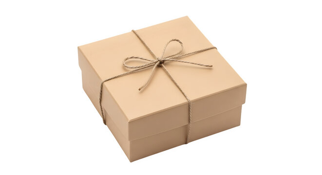 Square cardboard gift box tied with rustic twine string presented on a transparent background perfect for festive product display