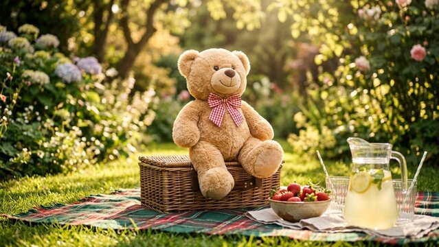 Teddy bear sitting on picnic basket during sunny afternoon in lush garden