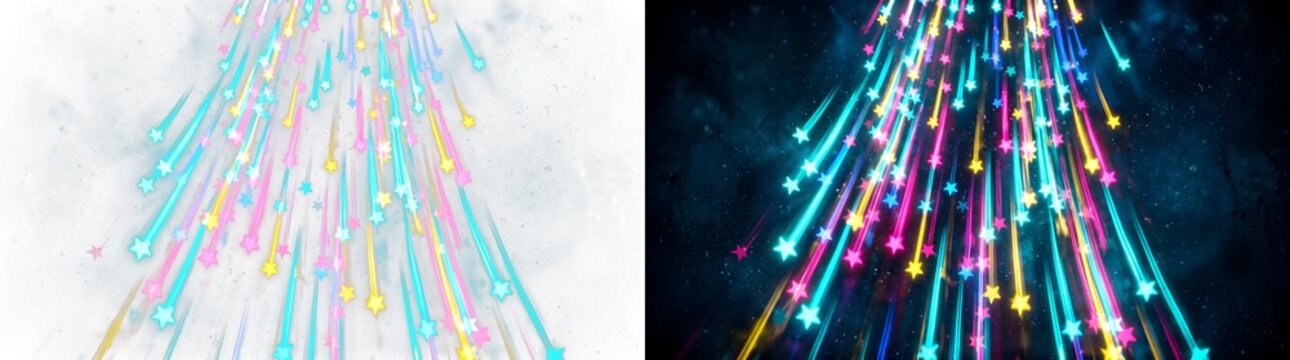Dynamic glowing multicolored light streaks and falling particle effect