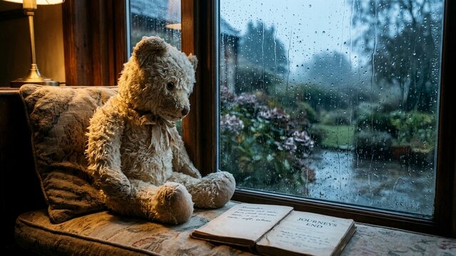 Teddy bear sitting near window watching rain fall in cozy room with open book
