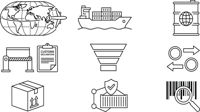 Global trade logistics and international maritime cargo shipping line icon set featuring freight containers customs declarations and secure network shields
