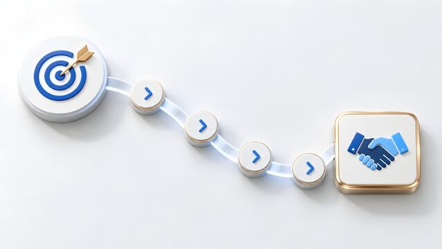 B2B client acquisition roadmap concept featuring connected path from target bullseye to successful business handshake