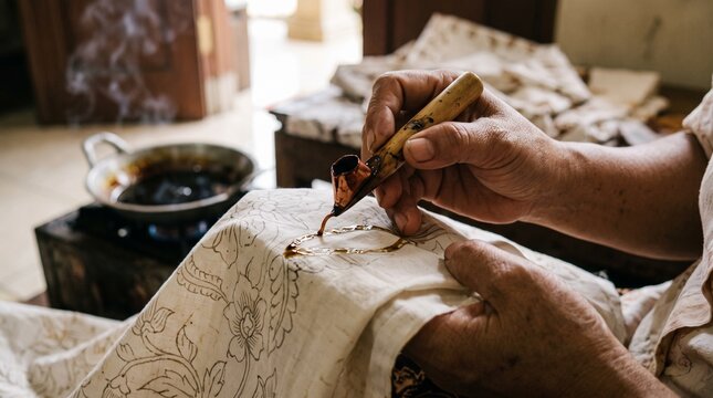 Close up of artisan hands making traditional batik tulis with canting and hot wax - Indonesian heritage craft UNESCO