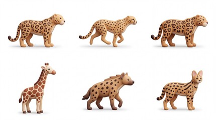 Obraz premium Set of Six Cute Animal Figurines Including Cheetah Giraffe Hyena and Leopard in Playful Style