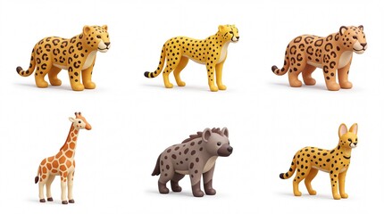 Obraz premium Set of Six Colorful Animal Toys Including Cheetah Giraffe Hyena and Leopard in Bright Playful Style for Children