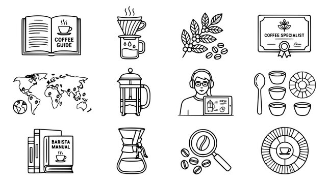 Coffee Brewing Icons: Pour Over, French Press, Chemex, Map, Book