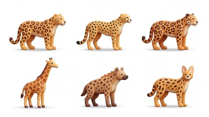 Obraz premium Set of Six Cute Animal Figures Including Cheetahs Giraffe Hyena and Cat in Cartoon Style