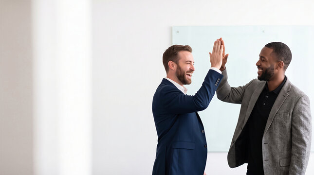 Two happy businessmen giving a high five and smiling to celebrate success