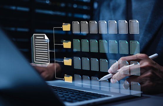 Digital document classification and records management concept. Person using laptop, sorting files into folders through workflow for archiving, organization, storage, retrieval, office automation