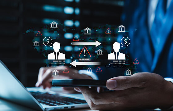 Banking fraud risk and financial transaction monitoring concept. global money transfer, warning alerts, customer profiles, bank icons, compliance checks, AML anti-money laundering, and cybersecurity