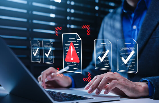 Document risk review concept. Person using laptop to approve files. compliance audit, warning report, error detection, policy checking, validation control, secure workflow, business risk management