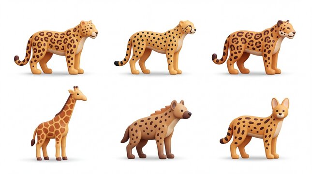 Set of Six Cute Animal Figures Including Cheetahs Giraffe Hyena and Cat in Cartoon Style