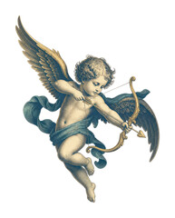Obraz premium Vintage cherub boy angel with bow and arrow, PNG, transparent background