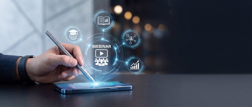 Hand Using Stylus on Smartphone with Futuristic Glowing Digital Interface for Online Webinar, E-learning Education, Global Training, and Virtual Workshop Concept with Icons on Dark Background.