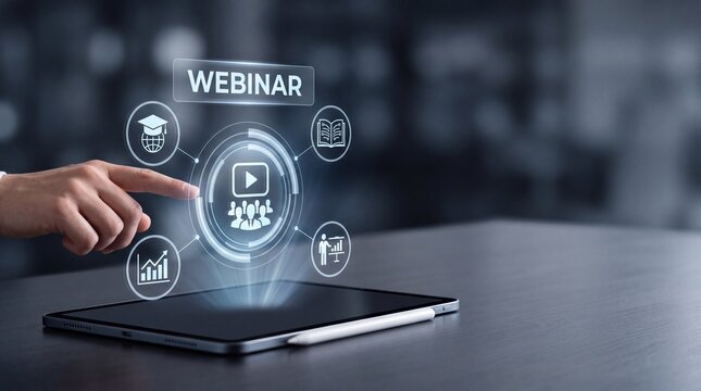 Person using digital tablet for webinar online learning and educational training concept, showing virtual holographic icons for internet seminar, e-learning classroom, and remote communication.