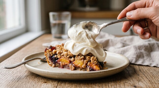 A hand adding a spoonful of fresh whipped cream to a homemade fruit crumble slice served on a ceramic plate in a cozy kitchen setting
