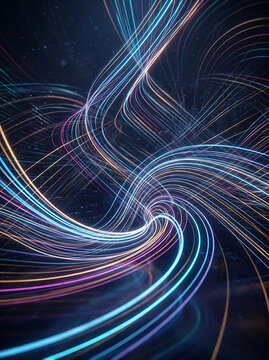 Abstract digital background with glowing blue and purple light trails in a swirling vortex motion