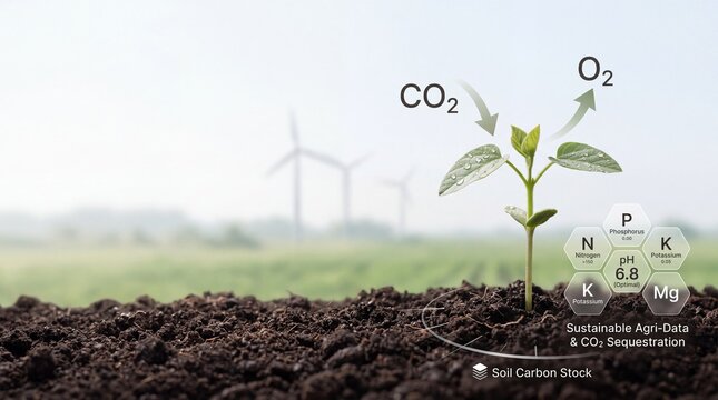 Small green sprout growing in fertile soil with digital infographics representing carbon sequestration, CO2 absorption, oxygen production, and essential soil nutrients for smart sustainable farming.
