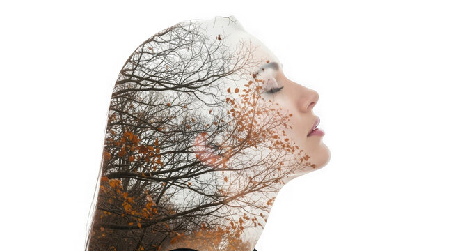 Profile of a young woman with hair dissolving into digital particles isolated on transparent background