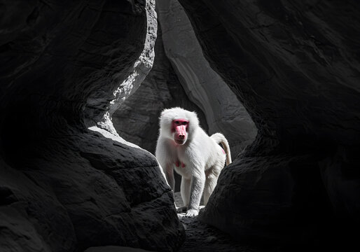 White monkey in cave opening
