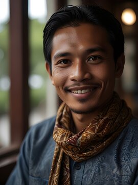 Confident young Javanese Indonesian man in smart casual linen shirt and modern batik scarf holding clay coffee cup.