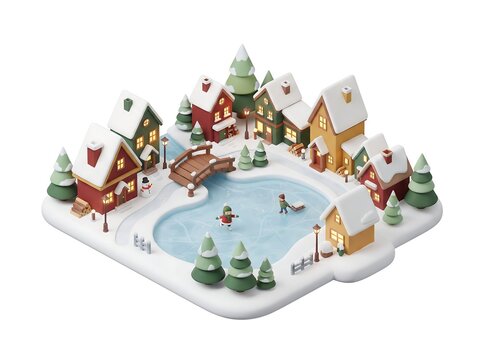 Miniature winter village with snow covered houses skating pond bridge and pine trees in isometric layout for holiday decoration and festive design.