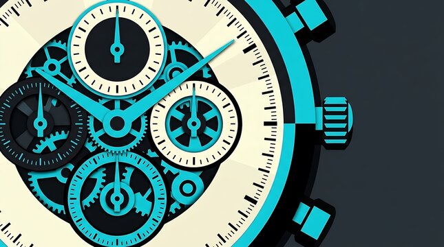 Intricate modern mechanical watch gears illustration with vibrant turquoise accents, detailed clockwork design, sleek vector style, professional presentation,.
