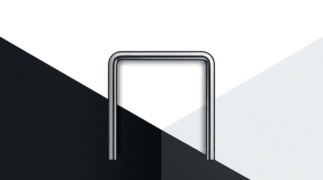 Sleek metallic U-shaped staple object isolated against geometric minimalist black and white diagonal background, professional commercial design studio photo.